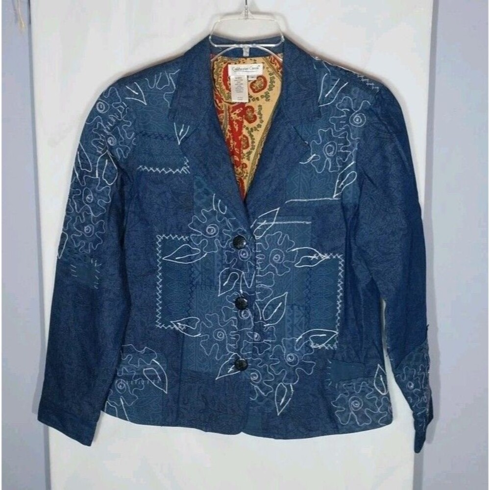 Coldwater Creek Denim Jacket Women M Patchwork Embroidered Floral Paisley Lined